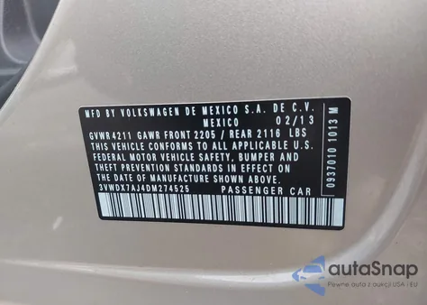 2013 Volkswagen Jetta 2.5L Se z USA, uszkodzony, nr VIN 3VWDX7AJ4DM274525